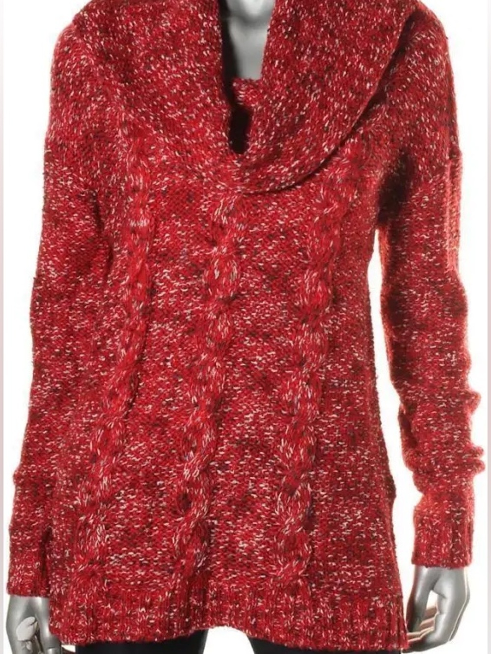 Kensie Marled Red Cable Cowl-Neck Sweater